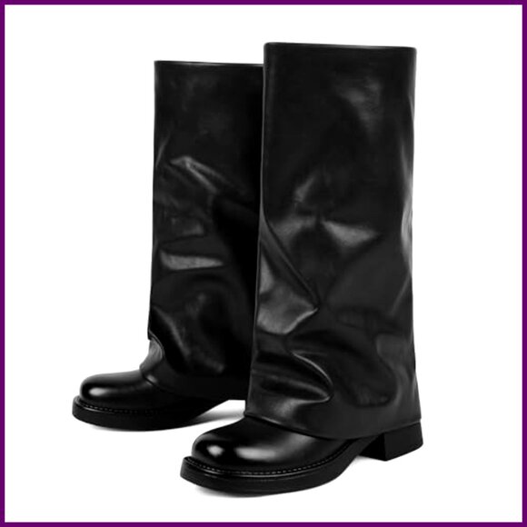 Knee High Fold Over Boots Low Block Heel Slouchy Tall Zipper Square Toe - Picture 5 of 7